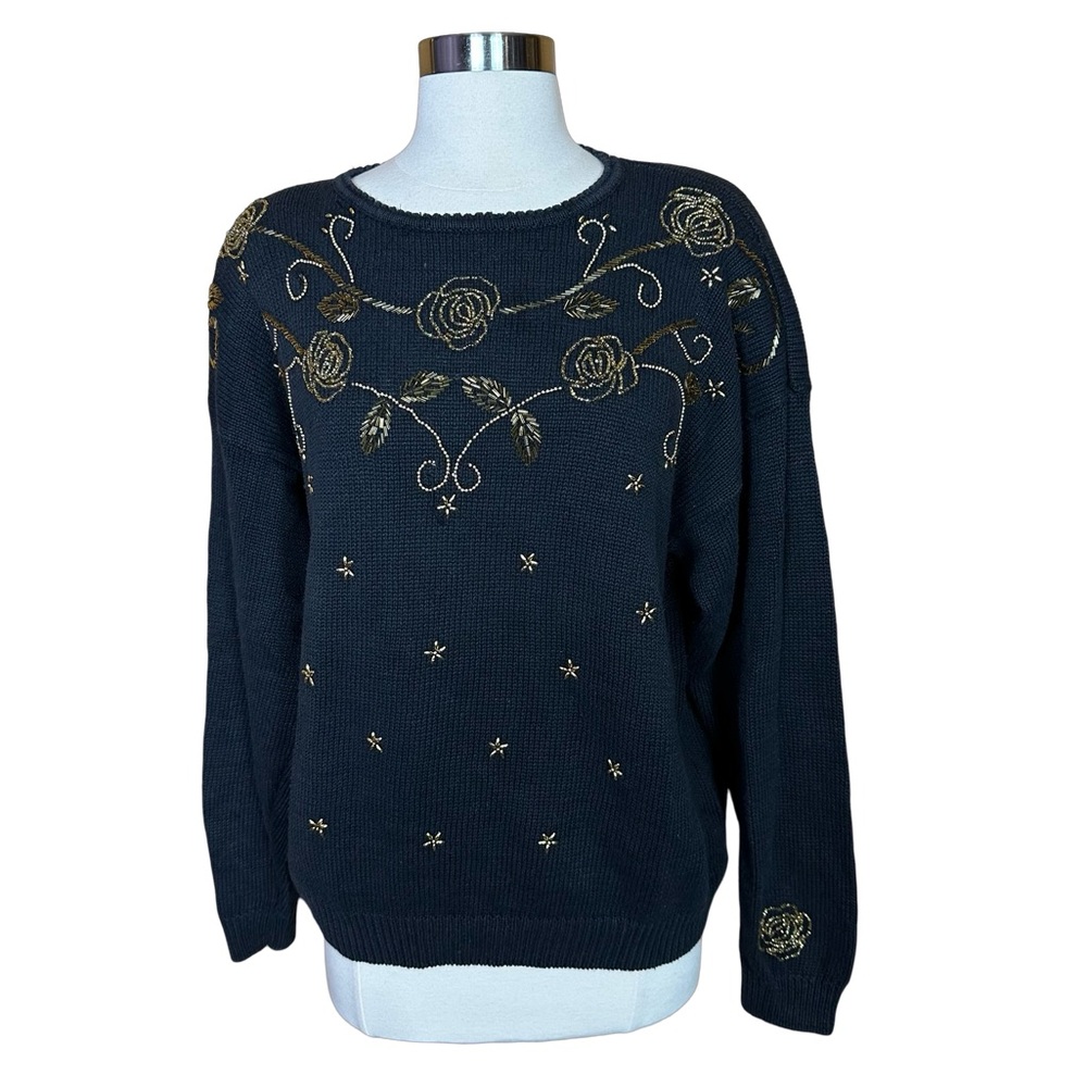 Vintage 80s Silvercord Black Gold Heavily Beaded Cotton Blend Winter Sweater XL
